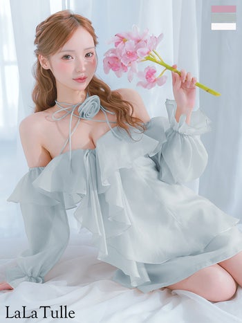 キャバドレス Angel R エンジェルアール フェミニン オフショルダー フラワーモチーフ 長袖 ネックストラップ フリル フレアミニドレス