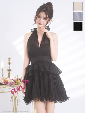キャバドレス an ペプラム ホルターネック シアー バックリボン ティアード フリル プリーツ フレアミニドレス