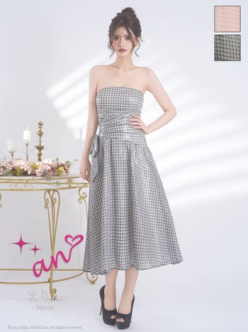 キャバドレス an チェック柄 ワンピース ベアトップ ウエストカット リボン ミモレ丈 Aラインロングドレス