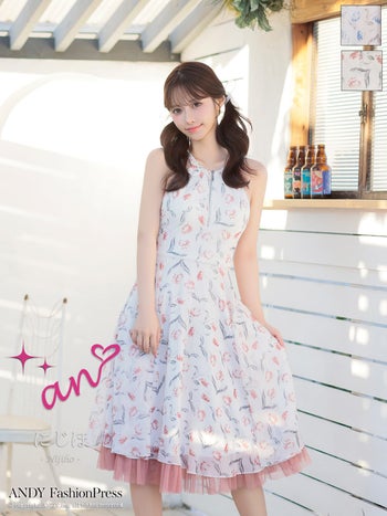 キャバドレス an ワンピース ホルターネック ジップデザイン ネックリボン フラワー プリント チュール フリル フレア 膝丈ドレス