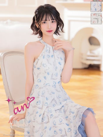 キャバドレス an ホルターネック ワンピース ジップデザイン ネックリボン フラワー プリント チュール フリル フレア 膝丈ドレス