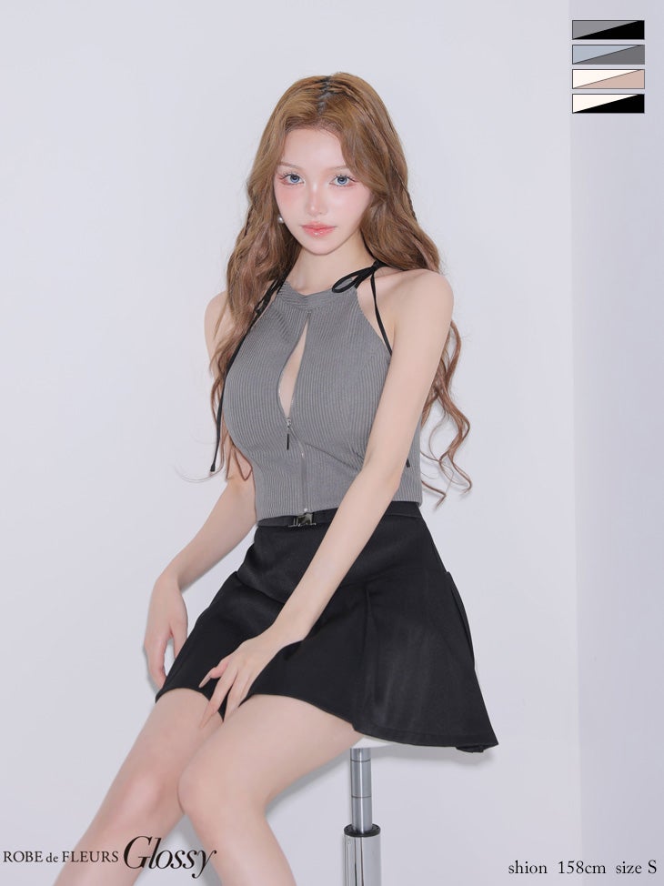 キャバドレス Glossy ROBE de FLEURS グロッシー ローブドフルール セットアップ リボン ノースリーブ バックルベルト リブ ジップデザイン フレアミニドレス