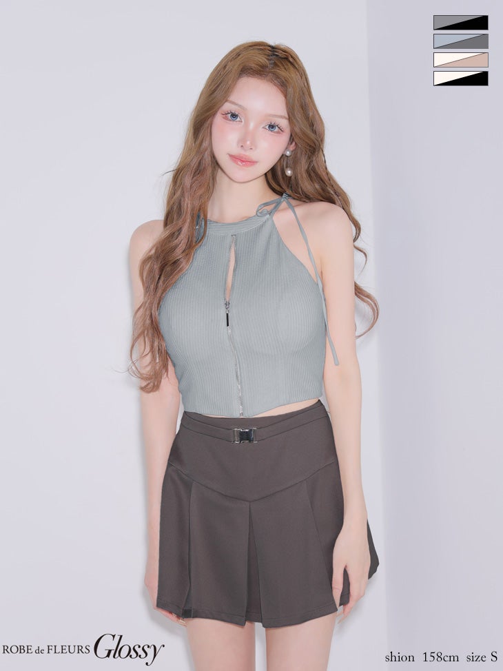 キャバドレス Glossy ROBE de FLEURS グロッシー ローブドフルール バックルベルト リブ ジップデザイン セットアップ リボン ノースリーブ フレアミニドレス