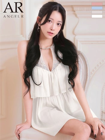 キャバドレス Angel R エンジェルアール ホルターネック バストカット レイヤード風 ビジュー スパンコール シフォン フレアミニドレス