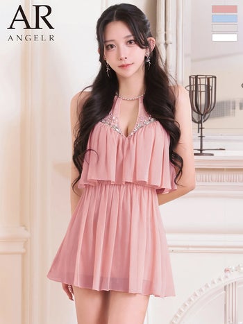 キャバドレス Angel R エンジェルアール レイヤード風 ビジュー スパンコール シフォン ホルターネック バストカット フレアミニドレス