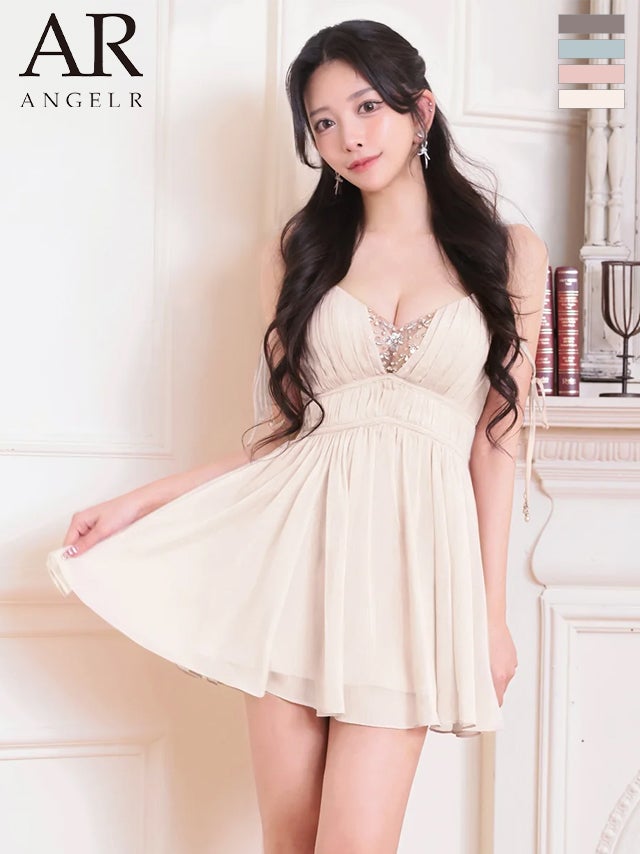 キャバドレス Angel R エンジェルアール リボン Vカット バストビジュー シフォン キャミソール フレアミニドレス