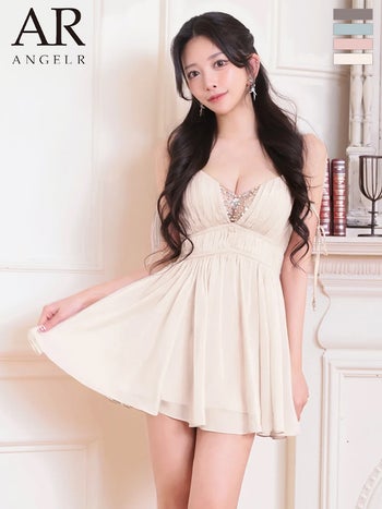 キャバドレス Angel R エンジェルアール リボン Vカット バストビジュー シフォン キャミソール フレアミニドレス
