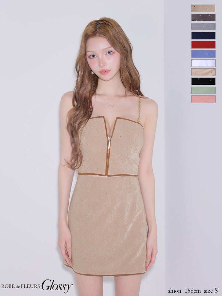 キャバドレス Glossy ROBE de FLEURS グロッシー ローブドフルール キルティング チェーン キャミソール ジップデザイン スタッズ セットアップ セクシー タイトミニドレス