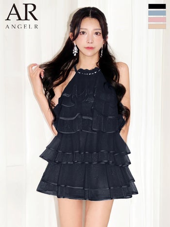 キャバドレス Angel R エンジェルアール ビジュー シアー チュール ティアードフリル ホルターネック リボン フレアミニドレス