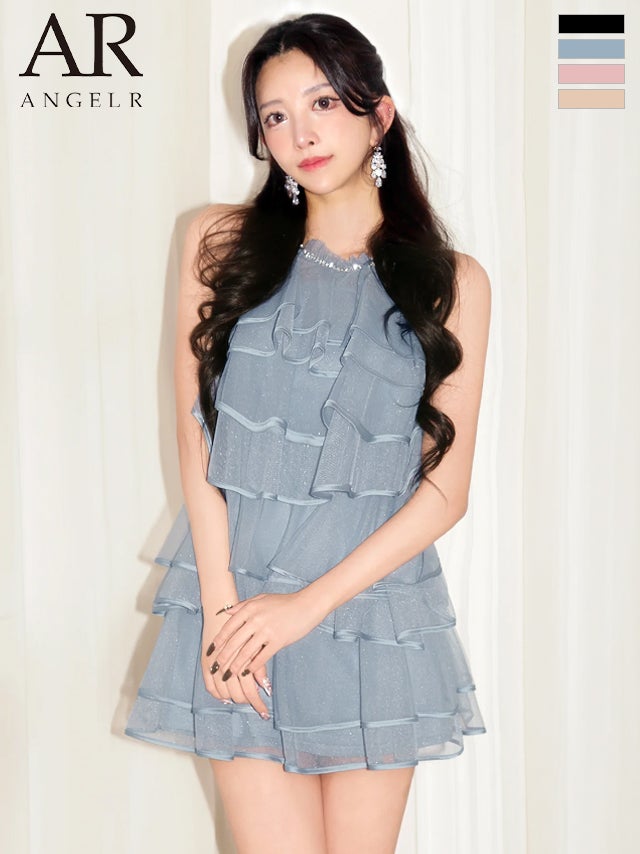 キャバドレス Angel R エンジェルアール シアー チュール ティアードフリル ホルターネック リボン ビジュー フレアミニドレス