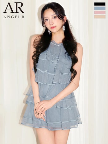 キャバドレス Angel R エンジェルアール シアー チュール ティアードフリル ホルターネック リボン ビジュー フレアミニドレス