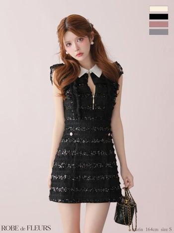 キャバドレス ROBEdeFLEURS ローブドフルール ノースリーブ ジップデザイン フリル スパンコールチュール 襟付き タイトミニドレス