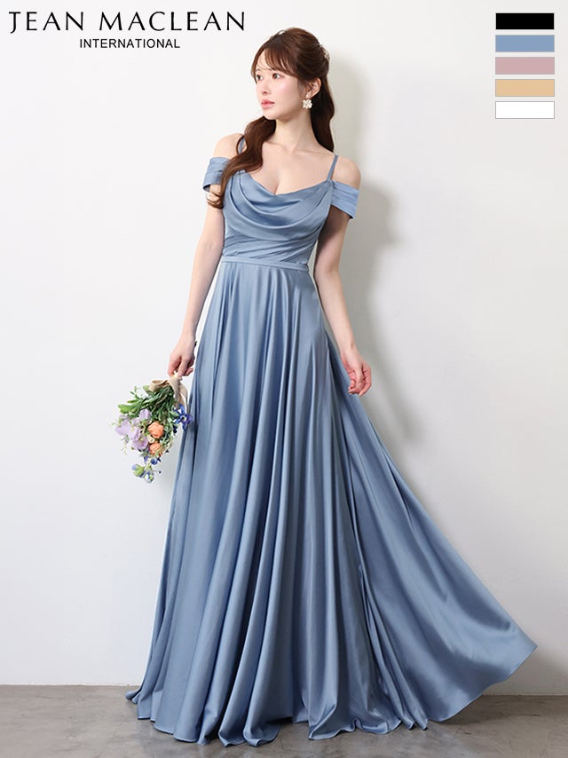 キャバドレス JEANMACLEAN ジャンマクレーン サテン プリーツ バースデー 肩あき ワンカラー ドレープ Aラインロングドレス