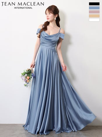 キャバドレス JEANMACLEAN ジャンマクレーン サテン プリーツ バースデー 肩あき ワンカラー ドレープ Aラインロングドレス