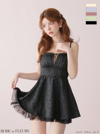 キャバドレス ROBEdeFLEURS ローブドフルール キャミソール チュール ドッキング ジャガード フレアミニドレス