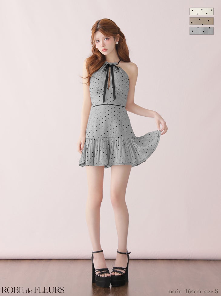 キャバドレス ROBEdeFLEURS ローブドフルール ホルターネック リボン オーガンジー ガーリー ドット柄 フレアミニドレス