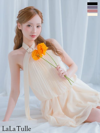 キャバドレス IRMA イルマ アコーディオンプリーツ カットオフ シフォン ホルターネック フレアミニドレス