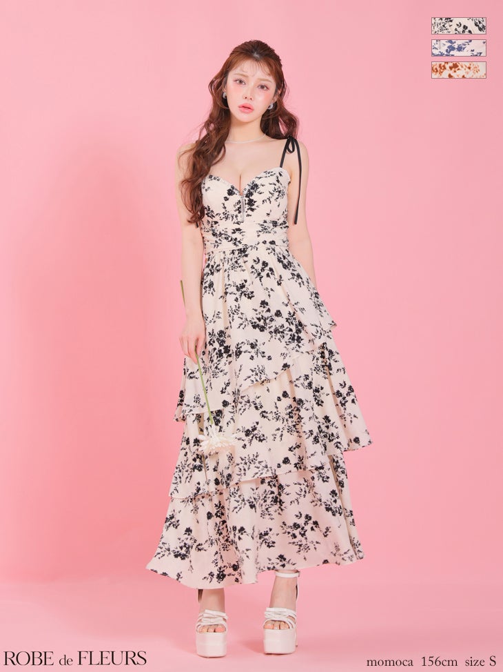 キャミソール リボンショルダー フラワープリント ティアード ウエストカット ジップデザイン Aラインロングドレス