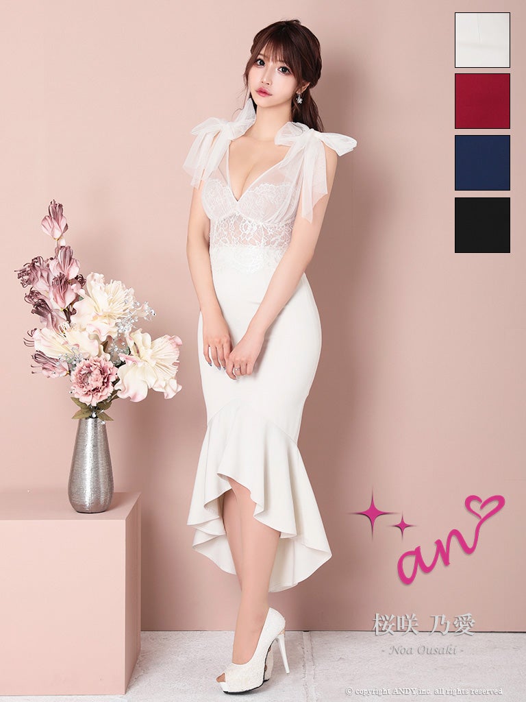 キャバドレス an ノースリーブ くびれ透け シースルー コルセット チュール ショルダーリボン マーメイド ロングテール タイト 膝丈ドレス