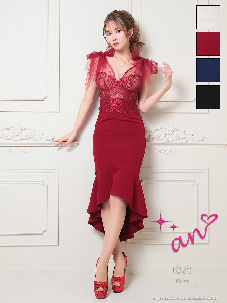 キャバドレス an くびれ透け ノースリーブ シースルー コルセット チュール ショルダーリボン マーメイド ロングテール タイト 膝丈ドレス