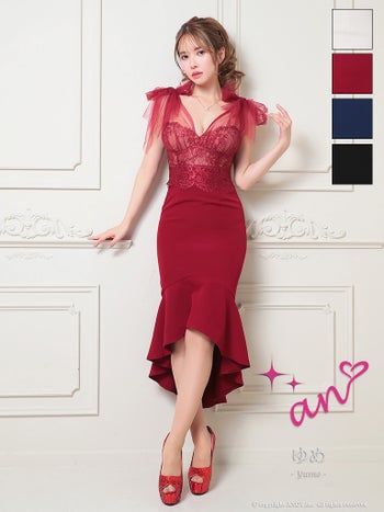 キャバドレス an くびれ透け ノースリーブ シースルー コルセット チュール ショルダーリボン マーメイド ロングテール タイト 膝丈ドレス