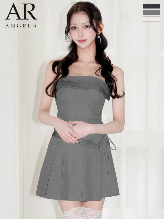 キャバドレス Angel R エンジェルアール レース リボン セットアップ プリーツ ベアトップ フレアミニドレス