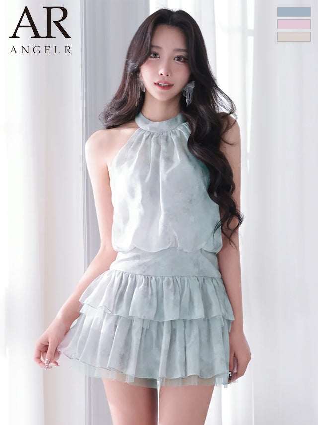 キャバドレス Angel R エンジェルアール シフォン ウエストマーク ホルターネック ティアード フラワー フレアミニドレス