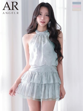 キャバドレス Angel R エンジェルアール シフォン ウエストマーク ホルターネック ティアード フラワー フレアミニドレス