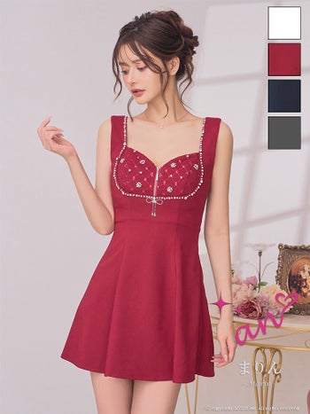 キャバドレス an ノースリーブ ジップデザイン リボン チェック柄 ビジュー レース フレアミニドレス