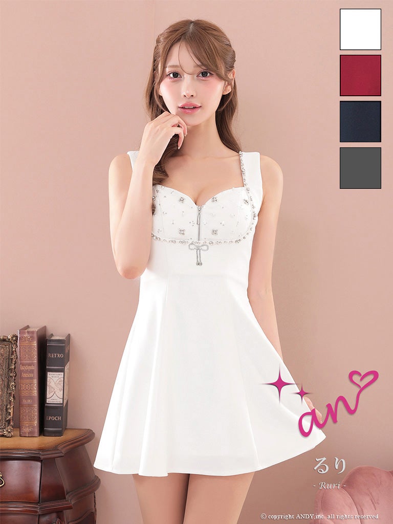 キャバドレス an ジップデザイン ノースリーブ リボン チェック柄 ビジュー レース フレアミニドレス