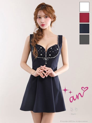 キャバドレス an ジップデザイン リボン ノースリーブ チェック柄 ビジュー レース フレアミニドレス