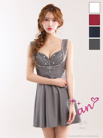 キャバドレス an ジップデザイン リボン チェック柄 ノースリーブ ビジュー レース フレアミニドレス