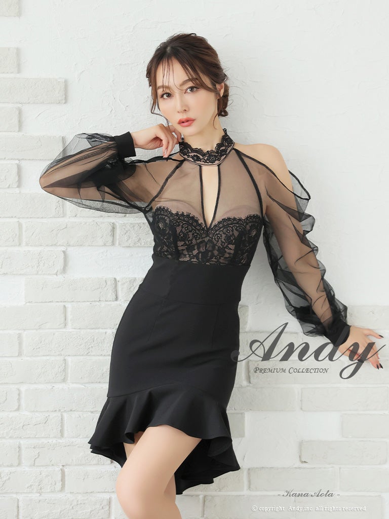 キャバドレス Andy 肩あき 長袖 バストカット シアー パフスリーブ レース マーメイド タイトミニドレス