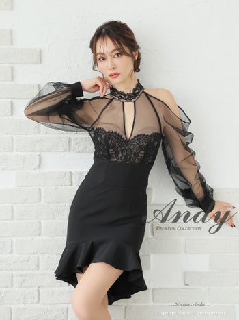 キャバドレス Andy 肩あき 長袖 バストカット シアー パフスリーブ レース マーメイド タイトミニドレス