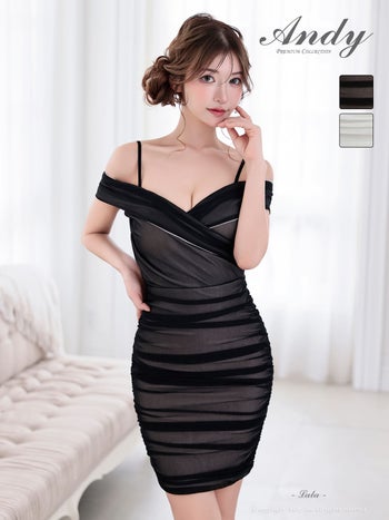 キャバドレス Andy 半袖 肩あき ギャザー カシュクール ラメ タイトミニドレス