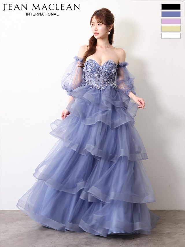 キャバドレス JEANMACLEAN ジャンマクレーン ティアード チュール 2way ベアトップ フラワー刺繍 Aラインロングドレス