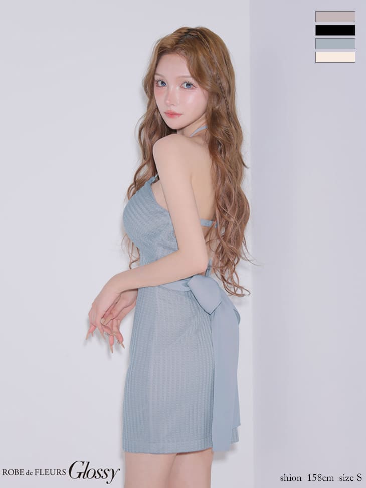 キャバドレス Glossy by ROBE de FLEURS グロッシー リボン キャミソール バックオープン 縦網ニット 2way ホルターネック タイトミニドレス
