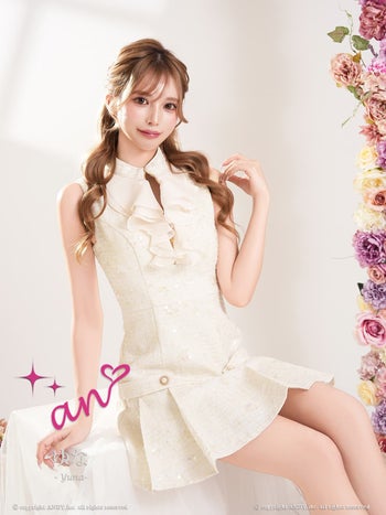 キャバドレス an ノースリーブ ジップデザイン ツイード フリル スパンコール プリーツ フレアミニドレス