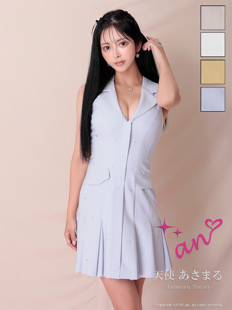 キャバドレス an 襟付き ノースリーブ Vネック ビジュー ポケット プリーツ フレアミニドレス