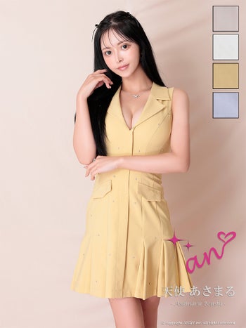 キャバドレス an 襟付き Vネック ノースリーブ ビジュー ポケット プリーツ フレアミニドレス