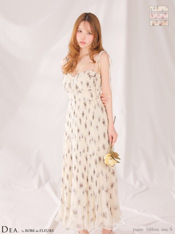 キャバドレス DEA.by ROBE de FLEURS ディア ローブドフルール サテン シフォン キャミソール フラワープリント プリーツ Aラインロングドレス