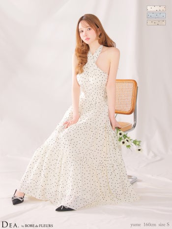 キャバドレス DEA. ROBE de FLEURS ディア ローブドフルール   ホルターネック クロスデザイン ドット柄 ギャザー ティアードスカート Aラインロングドレス