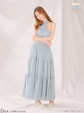 キャバドレス DEA. ROBE de FLEURS ディア ローブドフルール ギャザー ティアードスカート ホルターネック クロスデザイン ドット柄 Aラインロングドレス