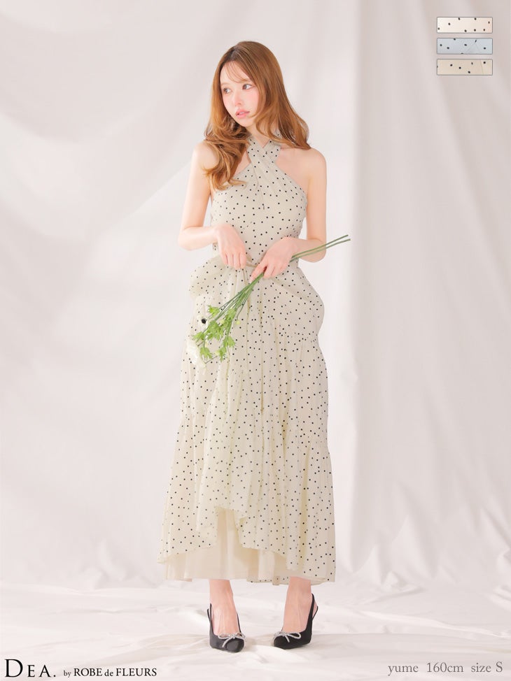 キャバドレス DEA. ROBE de FLEURS ディア ローブドフルール  クロスデザイン ドット柄 ホルターネック ギャザー ティアードスカート Aラインロングドレス
