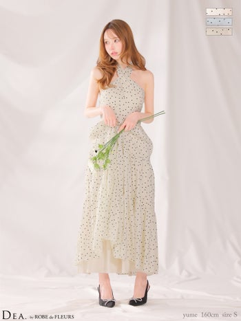 キャバドレス DEA. ROBE de FLEURS ディア ローブドフルール  クロスデザイン ドット柄 ホルターネック ギャザー ティアードスカート Aラインロングドレス