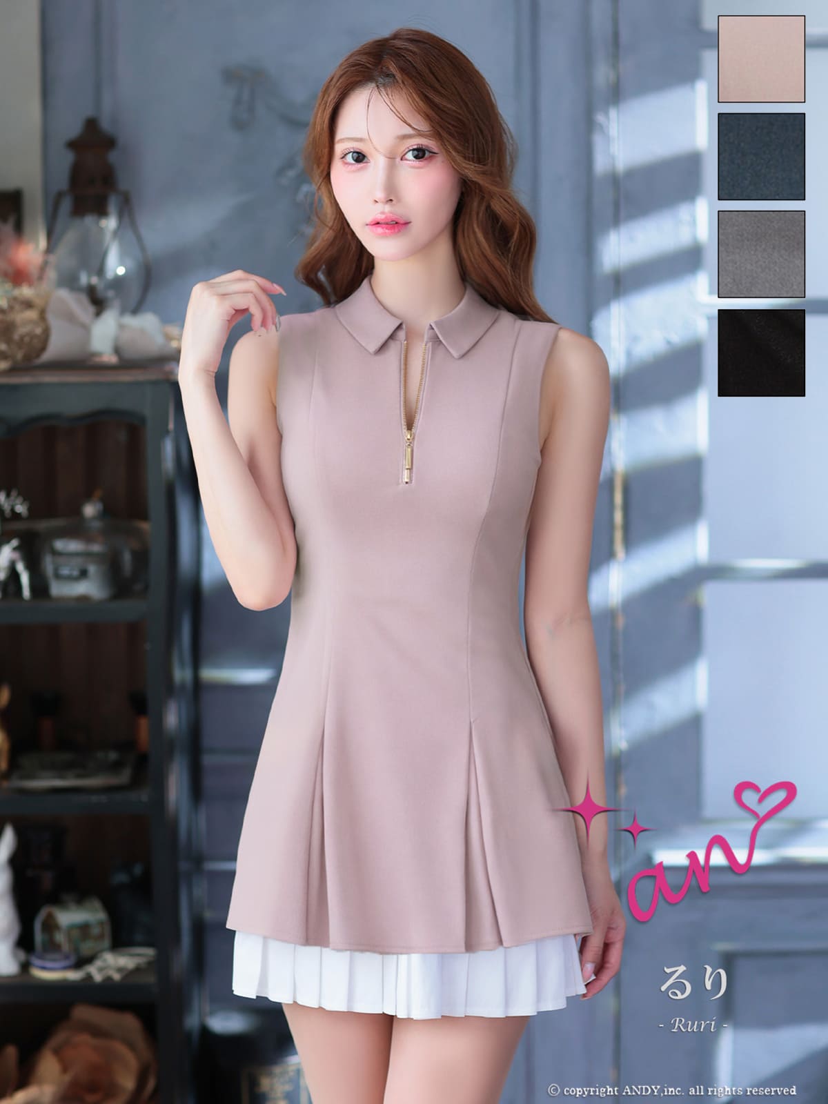 キャバドレス an ノースリーブ ジップデザイン 襟付き プリーツ レイヤード ラメ フレアミニドレス