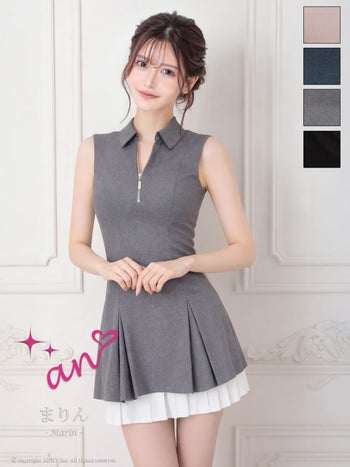 キャバドレス an ジップデザイン ノースリーブ 襟付き プリーツ レイヤード ラメ フレアミニドレス