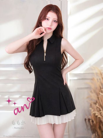 キャバドレス an ジップデザイン 襟付き プリーツ ノースリーブ レイヤード ラメ フレアミニドレス