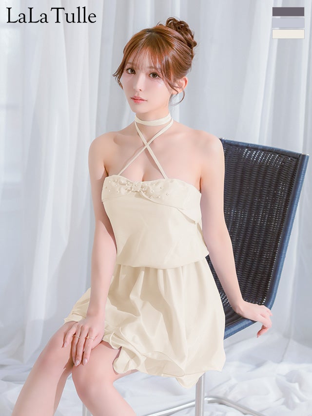 キャバドレス IRMA イルマ 2way ホルターネック バストリボン ビジュー フリル フレアミニドレス 