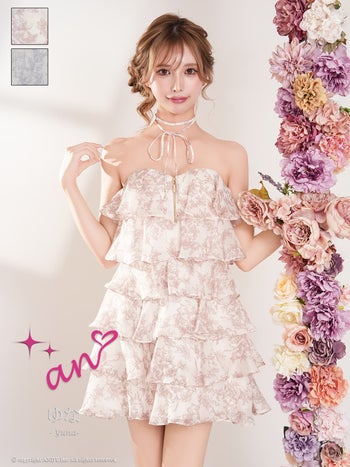キャバドレス an リボン チョーカー付き ベアトップ ジップデザイン 花柄 ティアード フリル フレアミニドレス